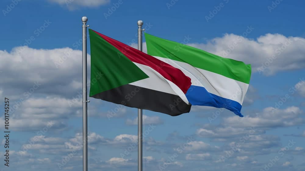 Sierra Leone or Salone and Sudan flags flying together, video concept of the relationship, two country cooperation concept Sierra Leone or Salone and Sudan flags flying together, video concept of the relationship, two country cooperation concept
