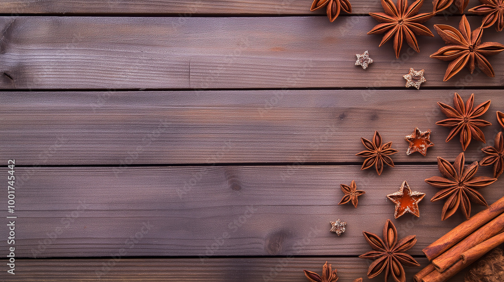 Fototapeta premium Cinnamon sticks and star anise on rustic wooden background with copy space
