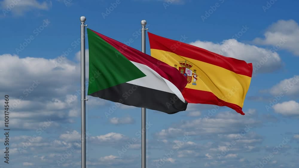 Spain and Sudan flags flying together, video concept of the relationship, two country cooperation concept Spain and Sudan flags flying together, video concept of the relationship, two country cooperation concept