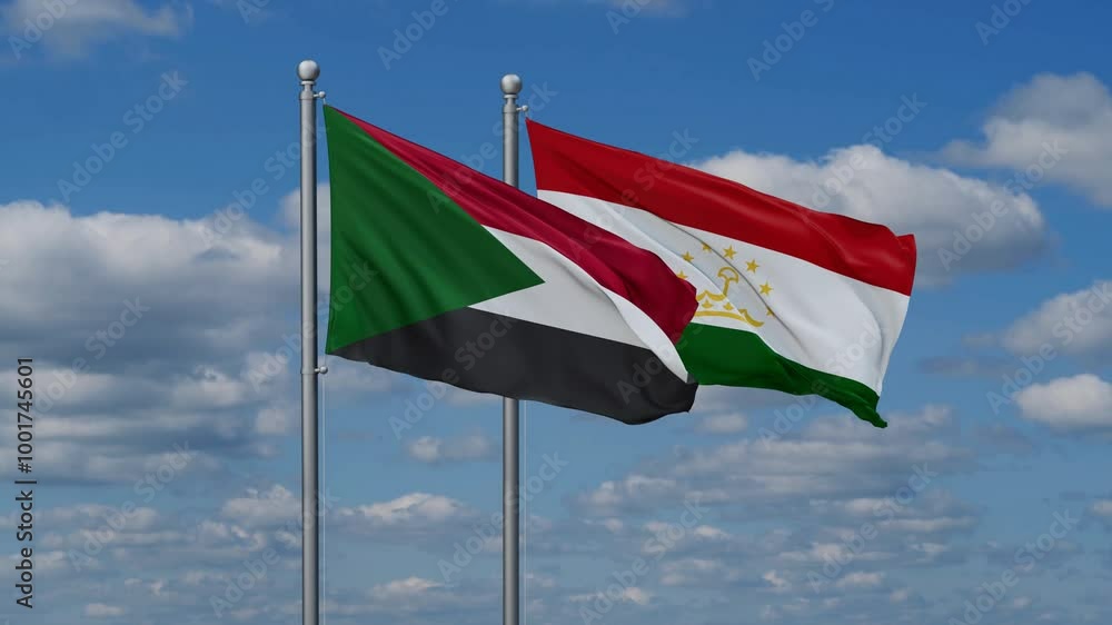 Tajikistan and Sudan two flags waving together, video concept of the relationship, two country cooperation concept Tajikistan and Sudan two flags waving together, video concept of the relationship, two country cooperation concept
