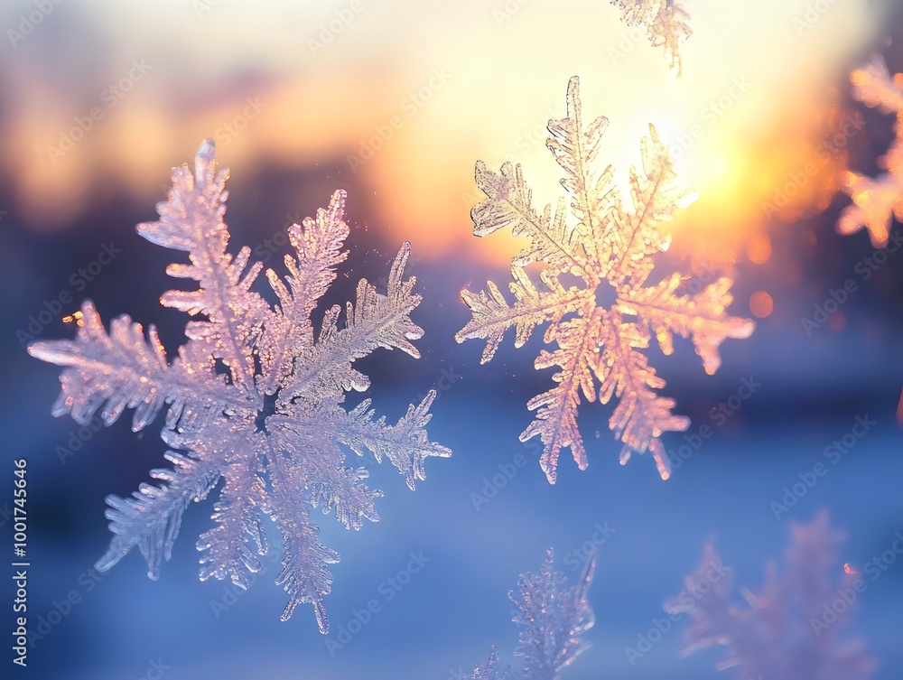 Close-Up of Frosted Snowflakes on Glass, a Cold Winter Morning Scene Close-Up of Frosted Snowflakes on Glass, a Cold Winter Morning Scene