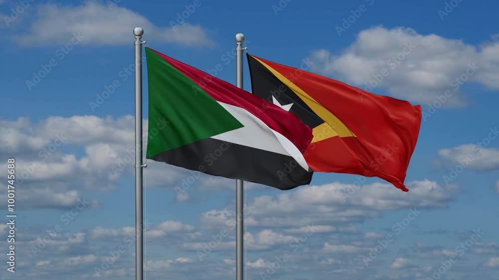 East Timor and Sudan flags flying together, video concept of the relationship, two country cooperation concept East Timor and Sudan flags flying together, video concept of the relationship, two country cooperation concept