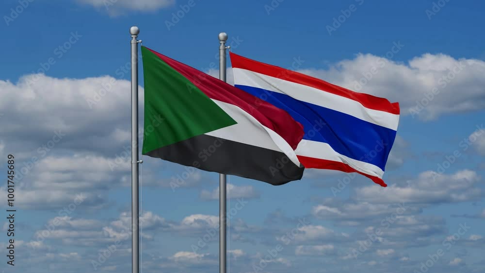 Kingdom of Thailand and Sudan flags flying together, video concept of the relationship, two country cooperation concept Kingdom of Thailand and Sudan flags flying together, video concept of the relationship, two country cooperation concept