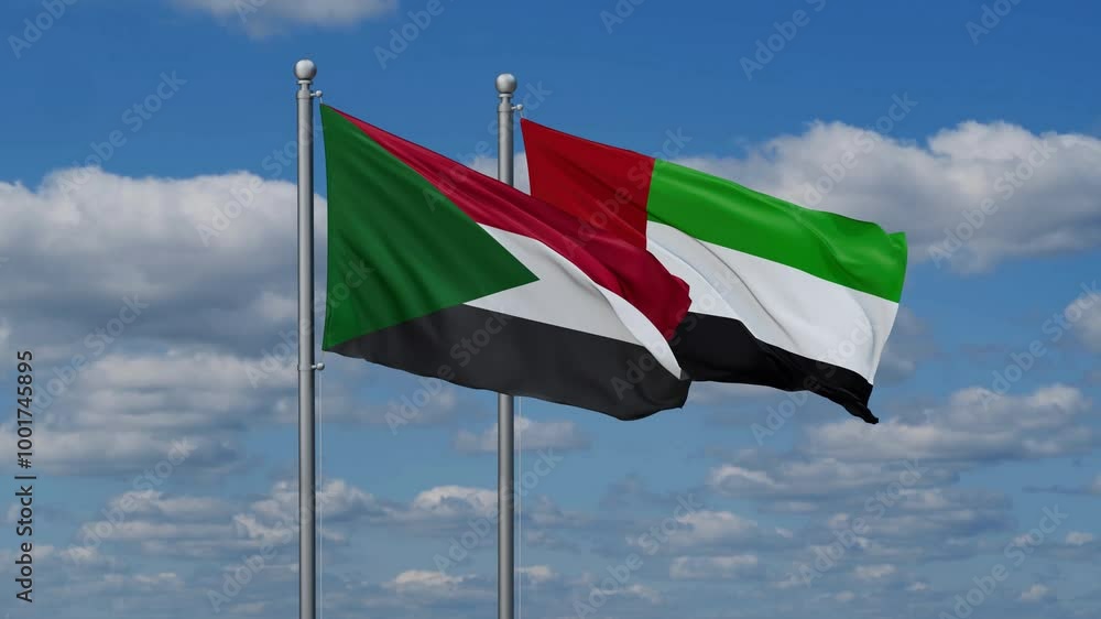 United Arab Emirates and Sudan flags flying together, video concept of the relationship, two country cooperation concept United Arab Emirates and Sudan flags flying together, video concept of the relationship, two country cooperation concept