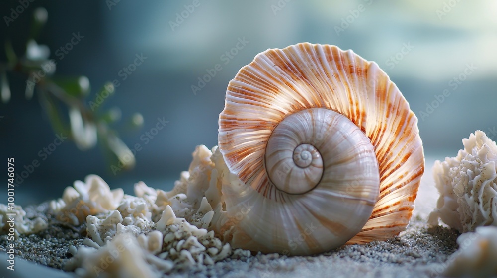Beautiful spiral seashell with coral in a soft coastal scene Beautiful spiral seashell with coral in a soft coastal scene