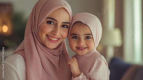 Warm Smiles of HijabWearing Muslim Mother and Daughter Diverse Family Portrait for Inspirational, Reassuring, and Inclusive Designs photo