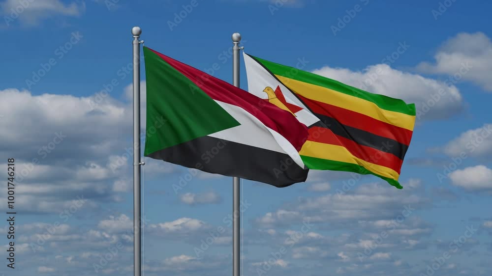Zimbabwe and Sudan flags flying together, video concept of the relationship, two country cooperation concept Zimbabwe and Sudan flags flying together, video concept of the relationship, two country cooperation concept