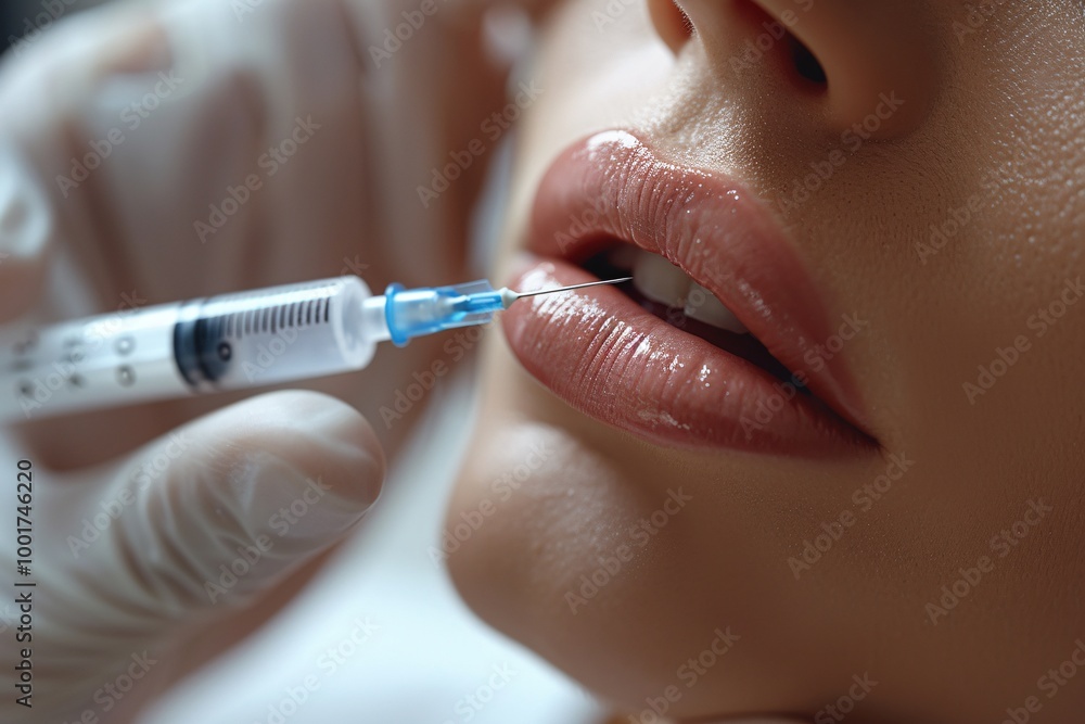 A skilled practitioner administers a lip filler injection to enhance the volume of a client's lips in a bright clinic setting A skilled practitioner administers a lip filler injection to enhance the volume of a client's lips in a bright clinic setting