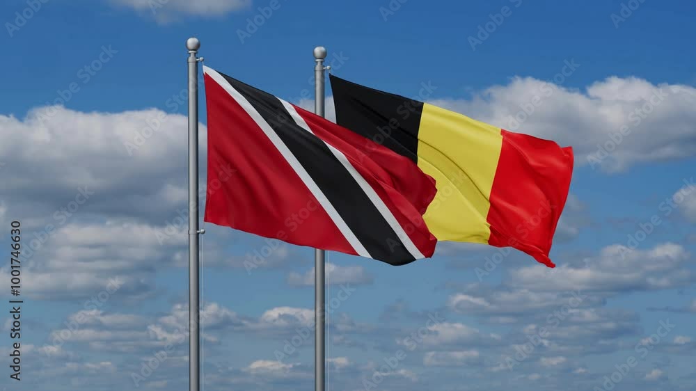Belgium and Trinidad and Tobago flags flying together, video concept of the relationship, two country relations concept Belgium and Trinidad and Tobago flags flying together, video concept of the relationship, two country relations concept