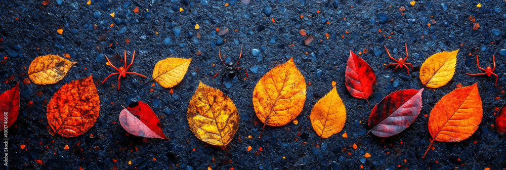 Autumn leaves and spiders on a dark background. Autumn leaves and spiders on a dark background.