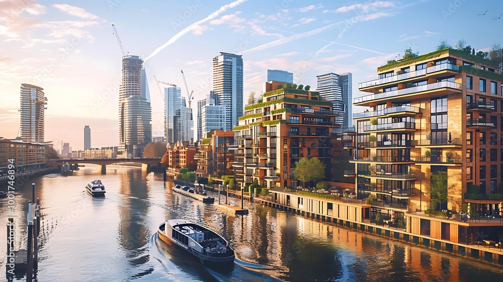 Image showcasing Modern waterfront with eco-friendly buildings topped with green roofs ...