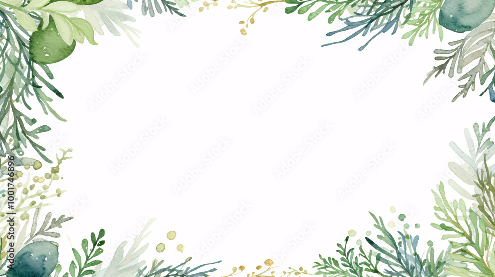 Watercolor Illustration of Green Leaves and Red Berries Holiday Border with Light Background, Festive Seasonal Design Watercolor Illustration of Green Leaves and Red Berries Holiday Border with Light Background, Festive Seasonal Design