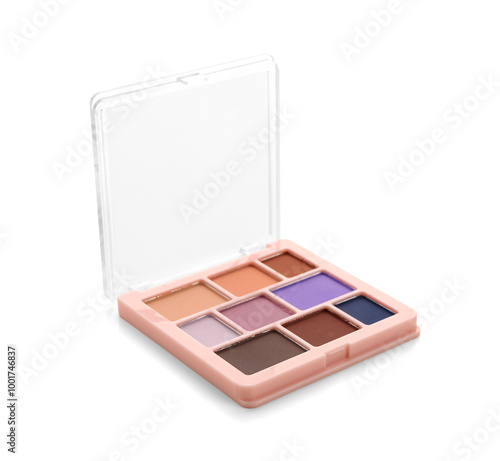 Palette with stylish colorful eyeshadows on white background