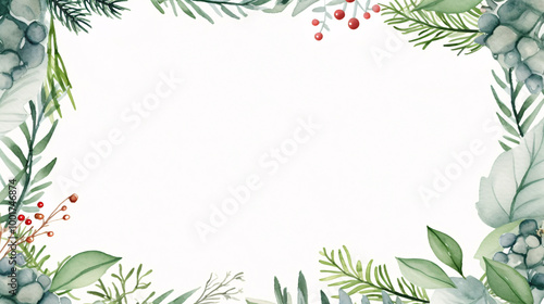 Wallpaper Mural Watercolor Illustration of Green Leaves and Red Berries Holiday Border with Light Background, Festive Seasonal Design Torontodigital.ca