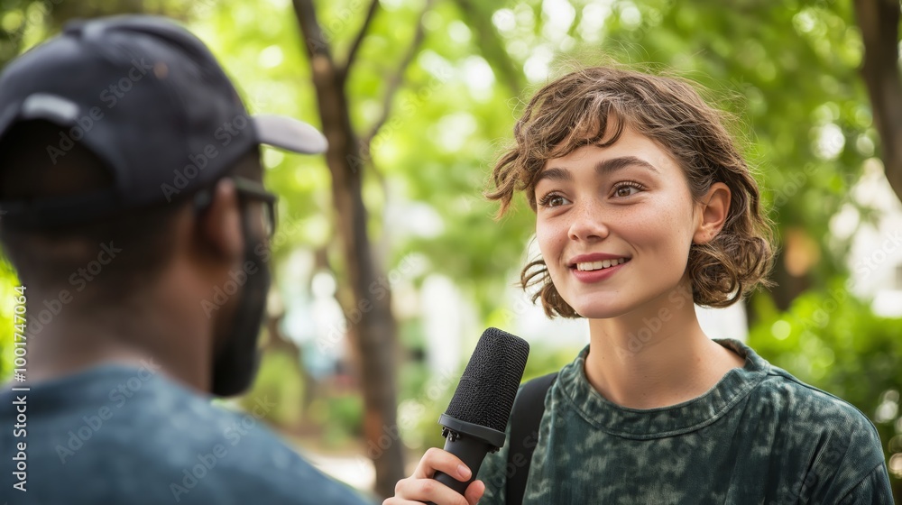 Diverse Outdoor Interview, Young Woman with Curly Hair Interviewing Man, Green Park Setting