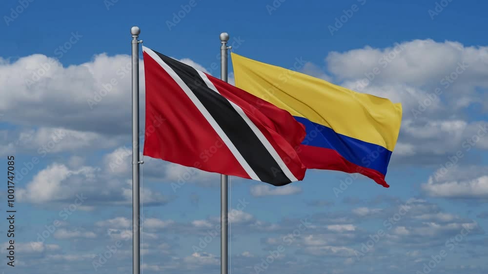 Colombia and Trinidad and Tobago flags flying together, video concept of the relationship, two country cooperation concept Colombia and Trinidad and Tobago flags flying together, video concept of the relationship, two country cooperation concept