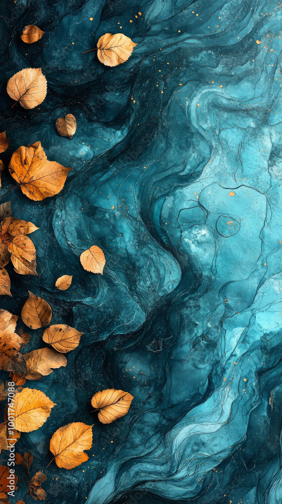 Naklejka premium Autumn leaves on a swirling blue background.