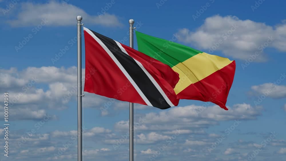 Republic of the Congo and Trinidad and Tobago flags flying together, video concept of the relationship, two country relations concept Republic of the Congo and Trinidad and Tobago flags flying together, video concept of the relationship, two country relations concept