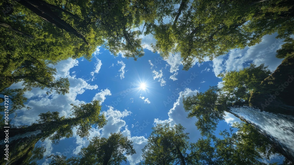 Fototapeta premium Looking up through a canopy of trees at a bright, sunny blue sky with puffy white clouds.