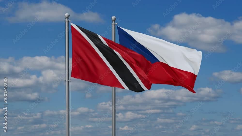 Czech Republic and Trinidad and Tobago flags flying together, video concept of the relationship, two country relations concept Czech Republic and Trinidad and Tobago flags flying together, video concept of the relationship, two country relations concept