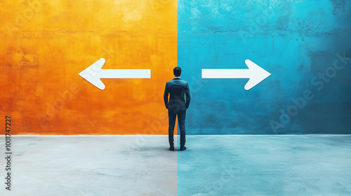 Concept of choice. Businessman at a crossroad between two arrows