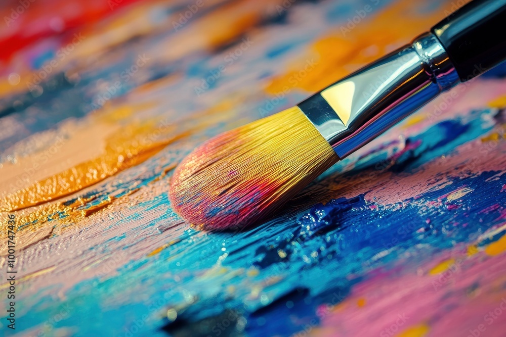 Fototapeta premium Close up view of eye make up brush on colorful pallet with generative ai