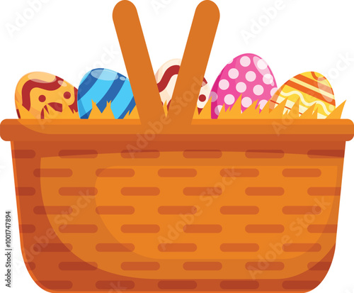 This vector illustration shows a wicker basket containing easter eggs with colorful patterns, perfect for easter themed projects