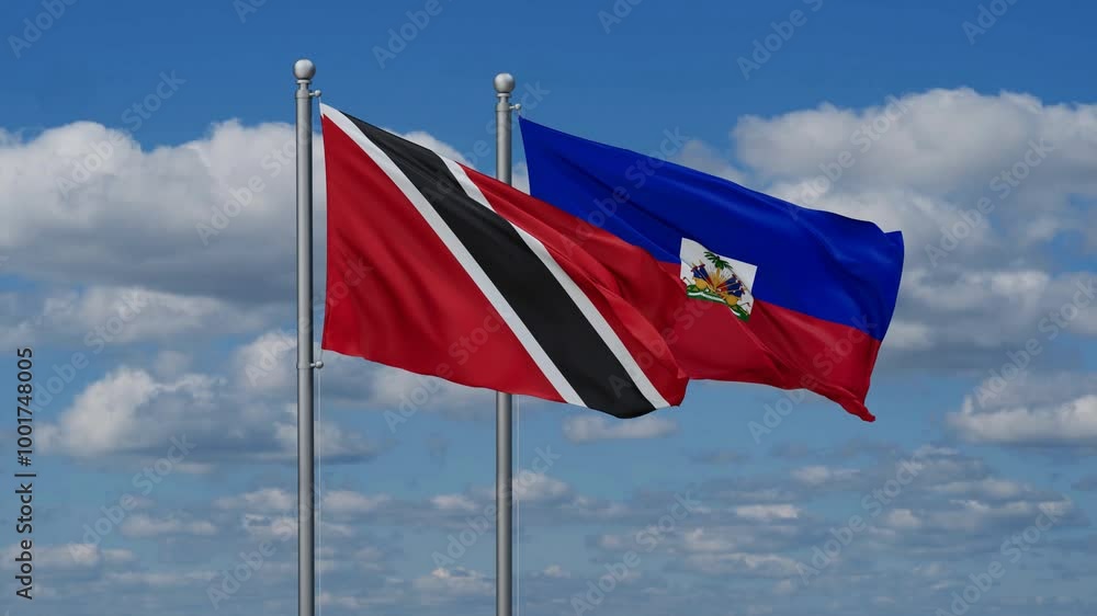Haiti and Trinidad and Tobago flags flying together, video concept of the relationship, two country relations concept Haiti and Trinidad and Tobago flags flying together, video concept of the relationship, two country relations concept