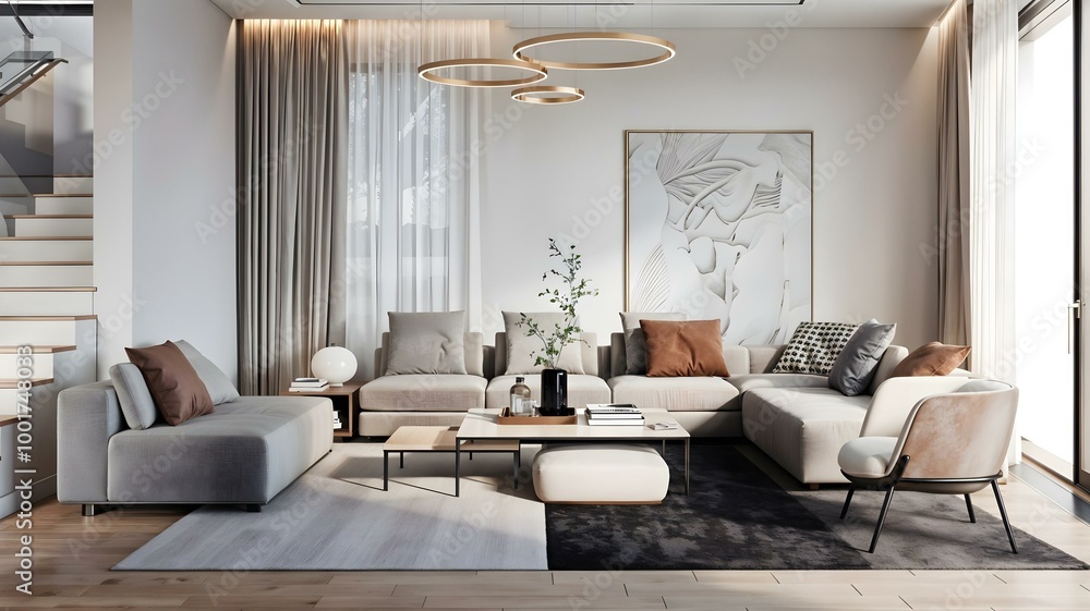 Fototapeta premium Modern living room interior design with sofa and coffee table 3D rendering