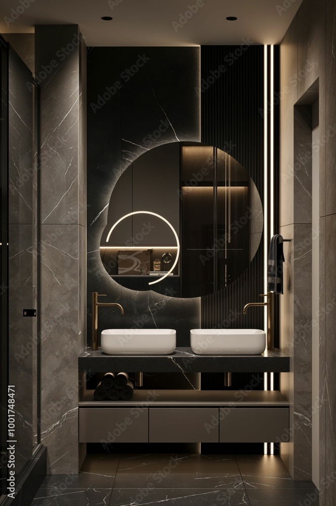 Luxury bathroom with black and gold marble walls, tiled floor, large mirror and double sink with two mirrors. 3d rendering
Luxury bathroom with black and gold marble walls, tiled floor, large mirror and double sink with two mirrors. 3d rendering