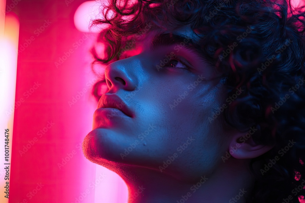 Close up view from the side. Young man with curly hair is indoors illuminated by neon lighting. with generattive ai Close up view from the side. Young man with curly hair is indoors illuminated by neon lighting. with generattive ai