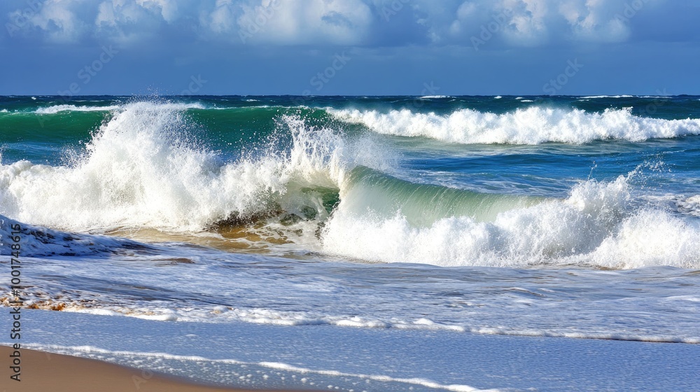 Fototapeta premium Powerful waves crashing on a sandy beach, creating a white foam and turquoise water.