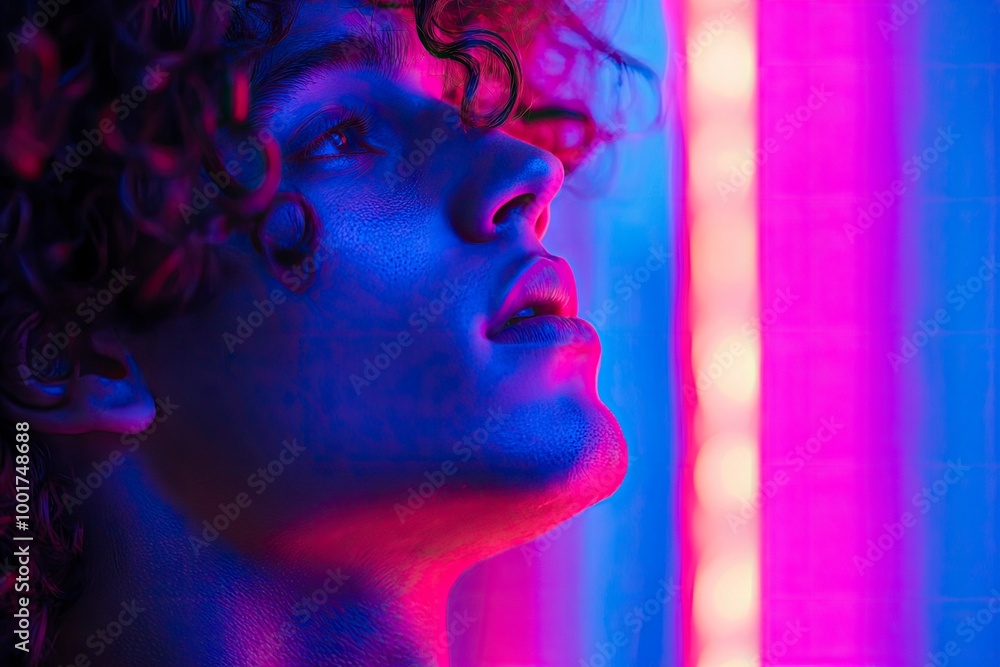 Close up view from the side. Young man with curly hair is indoors illuminated by neon lighting. with generattive ai Close up view from the side. Young man with curly hair is indoors illuminated by neon lighting. with generattive ai