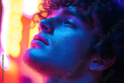 Close up view from the side. Young man with curly hair is indoors illuminated by neon lighting.  with generattive ai photo