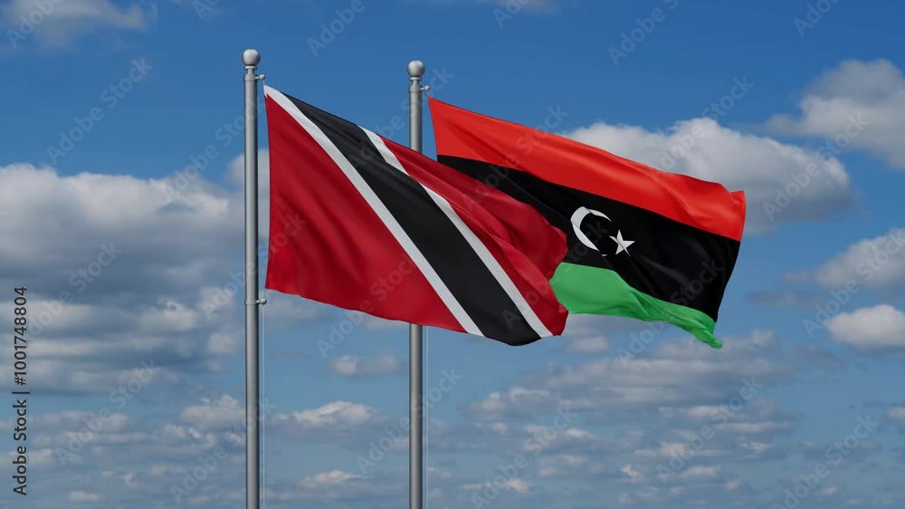 Libya and Trinidad and Tobago flags flying together, video concept of the relationship, two country cooperation concept Libya and Trinidad and Tobago flags flying together, video concept of the relationship, two country cooperation concept