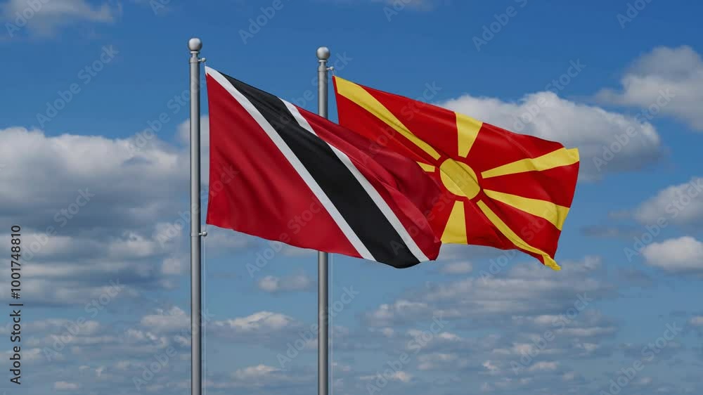 Trinidad and Tobago and North Macedonia flags flying together, video concept of the relationship Trinidad and Tobago and North Macedonia flags flying together, video concept of the relationship