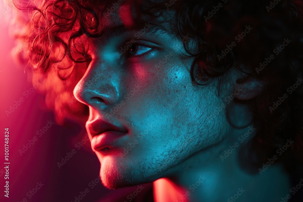 Fototapeta premium Close up view from the side. Young man with curly hair is indoors illuminated by neon lighting. with generattive ai