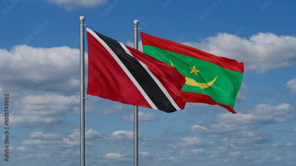 Mauritania and Trinidad and Tobago flags flying together, video concept of the relationship, two country relations concept Mauritania and Trinidad and Tobago flags flying together, video concept of the relationship, two country relations concept