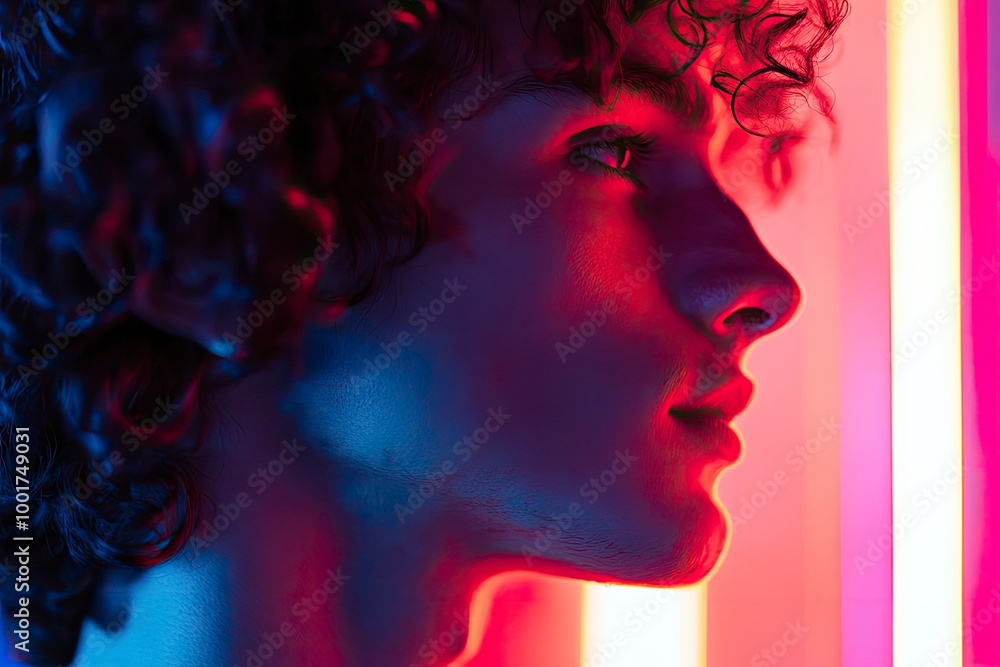 Fototapeta premium Close up view from the side. Young man with curly hair is indoors illuminated by neon lighting. with generattive ai
