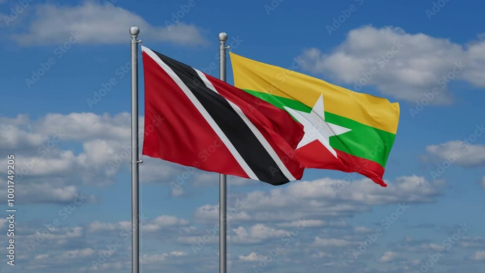 Myanmar aka Burma and Trinidad and Tobago flags flying together, video concept of the relationship, two country relations concept Myanmar aka Burma and Trinidad and Tobago flags flying together, video concept of the relationship, two country relations concept