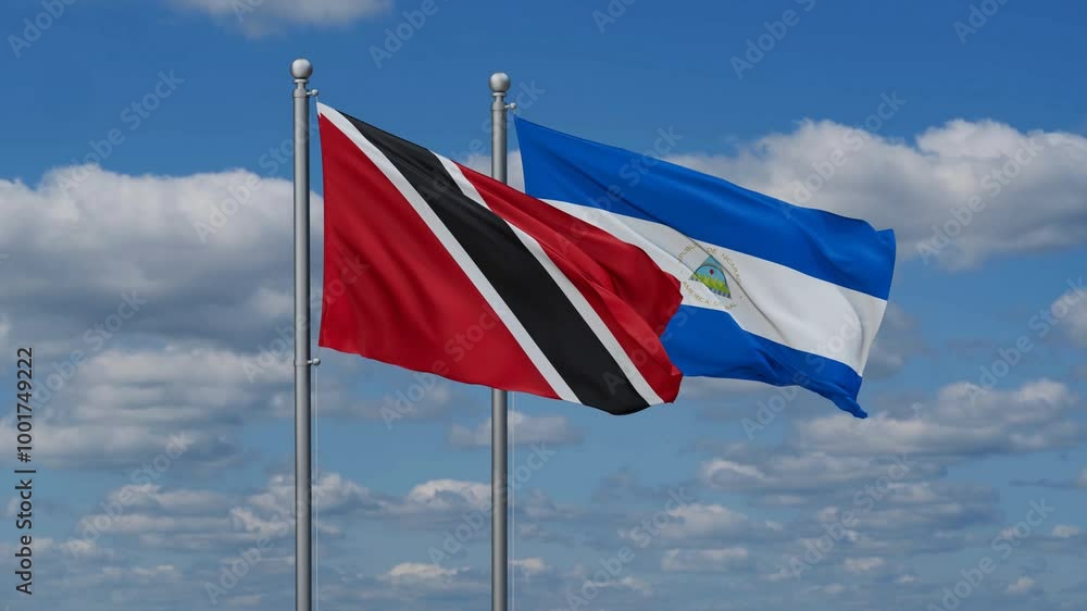 Nicaragua and Trinidad and Tobago flags flying together, video concept of the relationship, two country relations concept Nicaragua and Trinidad and Tobago flags flying together, video concept of the relationship, two country relations concept