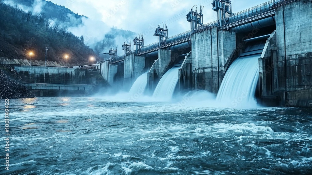 Water flows powerfully through turbines at a modern hydroelectric dam showcasing renewable energy production in a serene mountainous environment as evening approaches. Water flows powerfully through turbines at a modern hydroelectric dam showcasing renewable energy production in a serene mountainous environment as evening approaches.