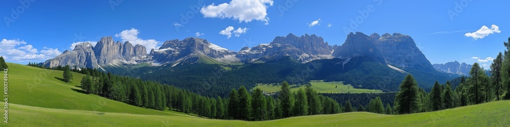 Fototapeta premium A beautiful mountain range with a clear blue sky. The mountains are covered in trees and the grass is lush and green. The scene is peaceful and serene, with the mountains towering over the landscape