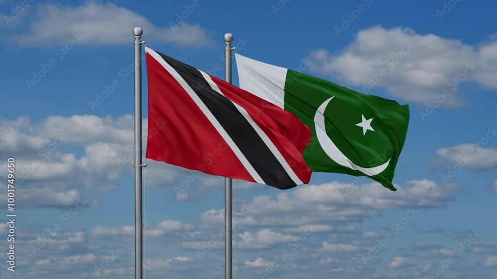Pakistan and Trinidad and Tobago flags flying together, video concept of the relationship, two country relations concept Pakistan and Trinidad and Tobago flags flying together, video concept of the relationship, two country relations concept