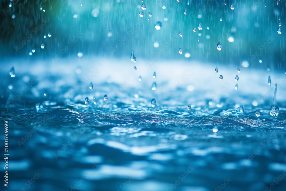 A body of water with rain falling on it. The water appears to be calm and still, with the raindrops creating a peaceful atmosphere. Concept of tranquility and serenity A body of water with rain falling on it. The water appears to be calm and still, with the raindrops creating a peaceful atmosphere. Concept of tranquility and serenity