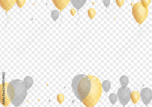 Yellow Confetti Background Transparent Vector. Surprise Glitter Frame. Golden Rainbow Helium. Balloon Present Illustration.