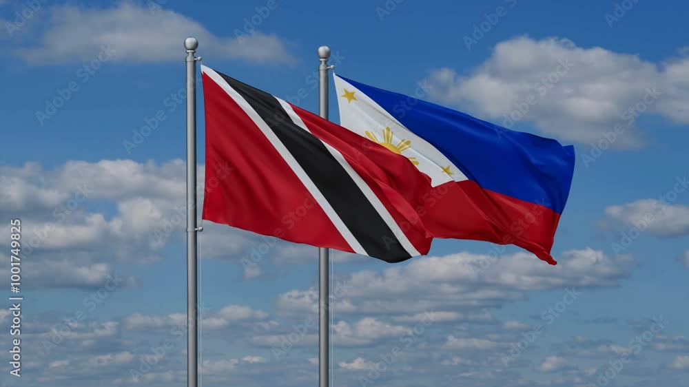Philippines and Trinidad and Tobago flags flying together, video concept of the relationship, two country cooperation concept Philippines and Trinidad and Tobago flags flying together, video concept of the relationship, two country cooperation concept