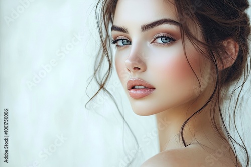 Close-up beautiful woman with makeup and bare shoulders with beautiful and soft skin and light background _ Make up and body care for fashion with generative ai