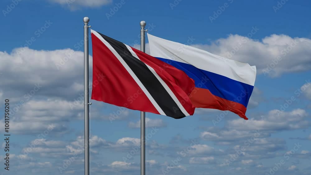 Russian Federation and Trinidad and Tobago flags flying together, video concept of the relationship Russian Federation and Trinidad and Tobago flags flying together, video concept of the relationship