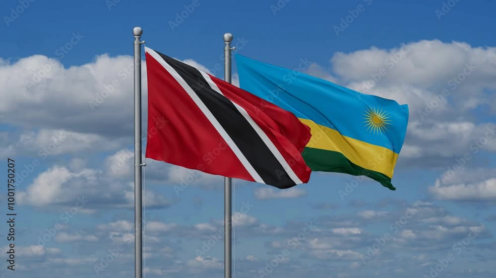 Republic of Rwanda and Trinidad and Tobago flags flying together, video concept of the relationship, two country cooperation concept Republic of Rwanda and Trinidad and Tobago flags flying together, video concept of the relationship, two country cooperation concept